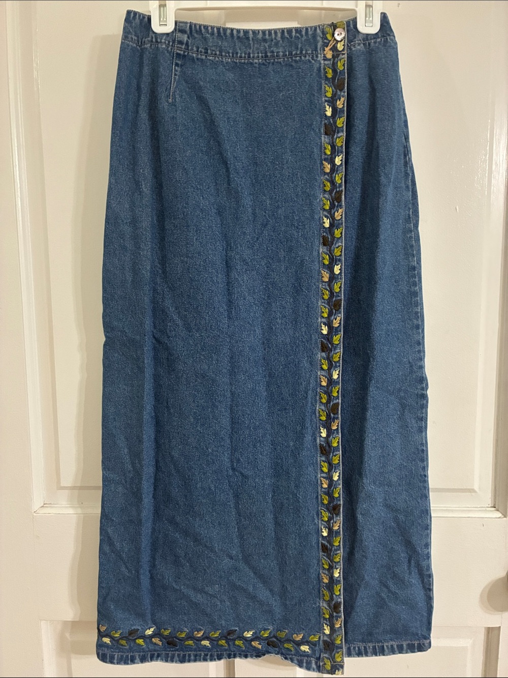 Embroidered Trim Blue Denim Maxi Skirt
